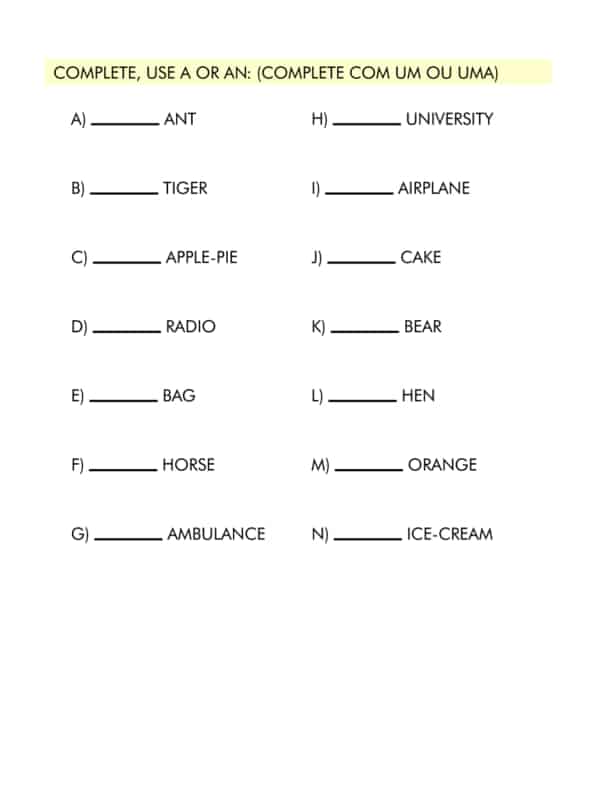 Atividades em inglês para o 4° ano.