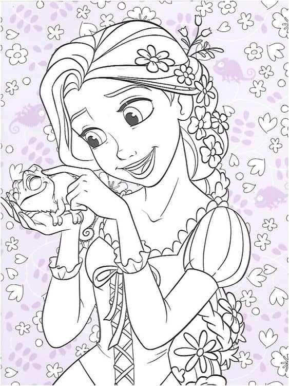 Rapunzel cheia de flores e coracoes para colorir