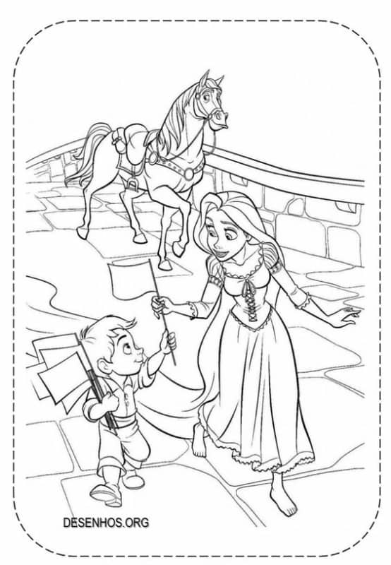 Rapunzel com menininho e cavalo para colorir