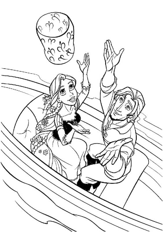 Rapunzel no barco com o principe para colorir