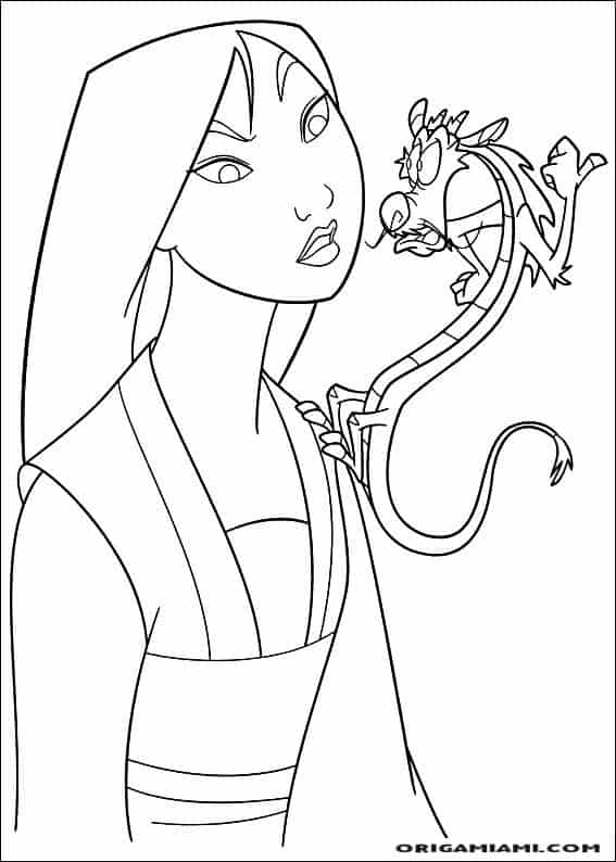 Mulan brava com Mushu para colorir Fonte Pinterest