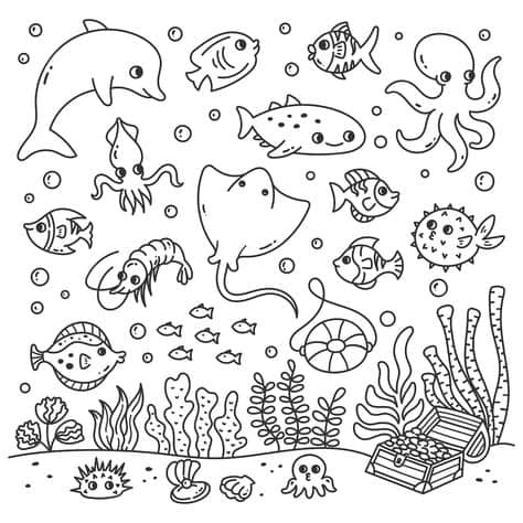 Desenhos de Animais marinhos para colorir, jogos de pintar e imprimir