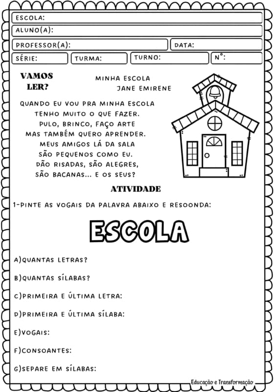 Atividade Dia da Escola - Educação Infantil